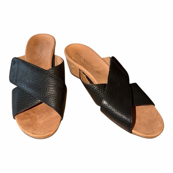 Vionic Black Leather Adjustable Cross-Strap Cork Heel Sandals with TanFootbed - Picture 7 of 14